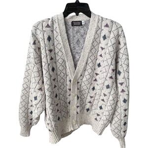 Vtg 70s 80s ingrams Men's Cream Cardigan Sweater geometric size large xlarge